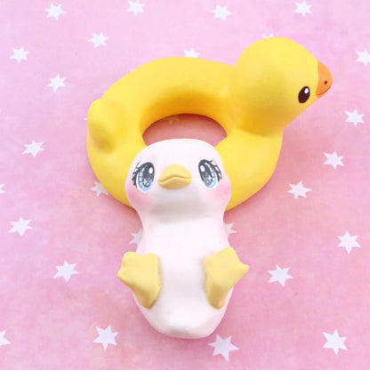 Duck in a Rubber Duck Floatie Figurine - Polymer Clay Animals Pool Party Collection