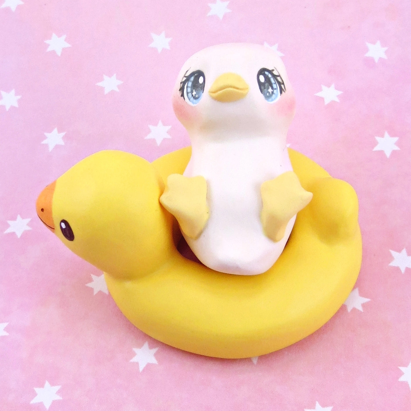 Duck in a Rubber Duck Floatie Figurine - Polymer Clay Animals Pool Party Collection