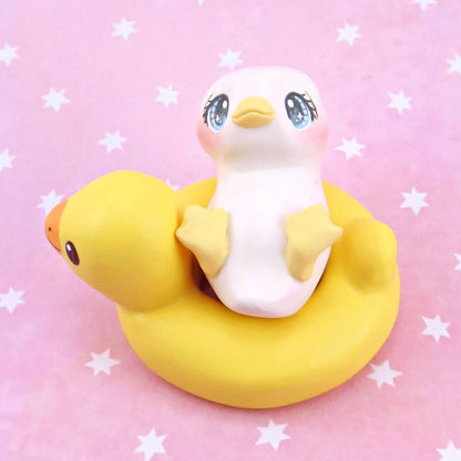 Duck in a Rubber Duck Floatie Figurine - Polymer Clay Animals Pool Party Collection