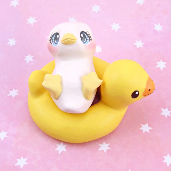 Duck in a Rubber Duck Floatie Figurine - Polymer Clay Animals Pool Party Collection