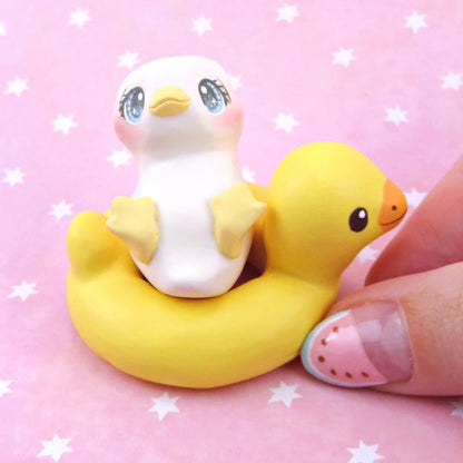 Duck in a Rubber Duck Floatie Figurine - Polymer Clay Animals Pool Party Collection