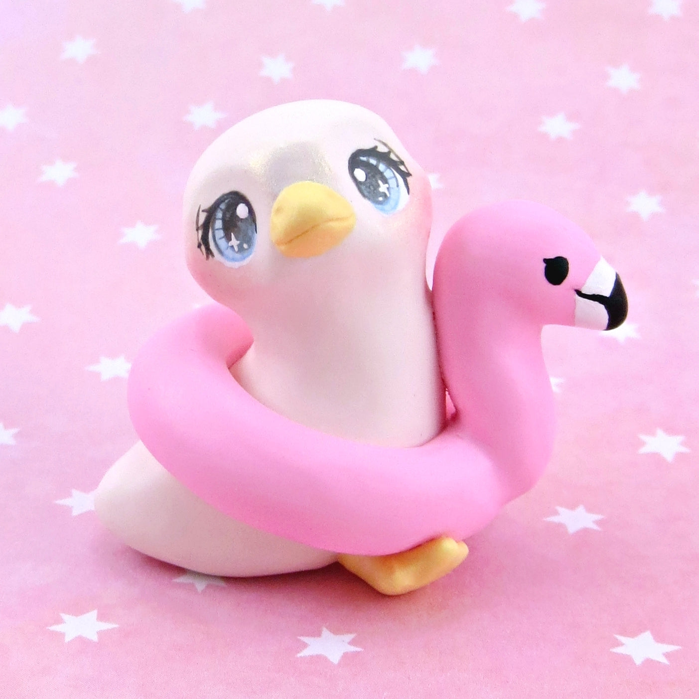 Goose with a Flamingo Floatie Figurine - Polymer Clay Animals Pool Party Collection