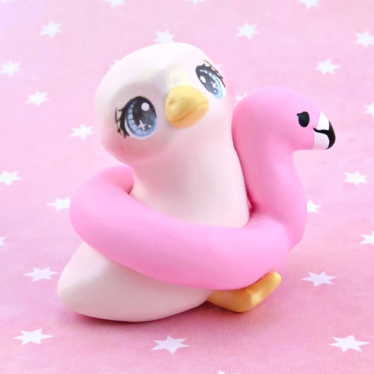 Goose with a Flamingo Floatie Figurine - Polymer Clay Animals Pool Party Collection