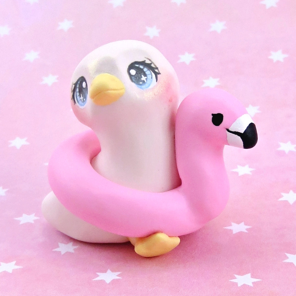 Goose with a Flamingo Floatie Figurine - Polymer Clay Animals Pool Party Collection