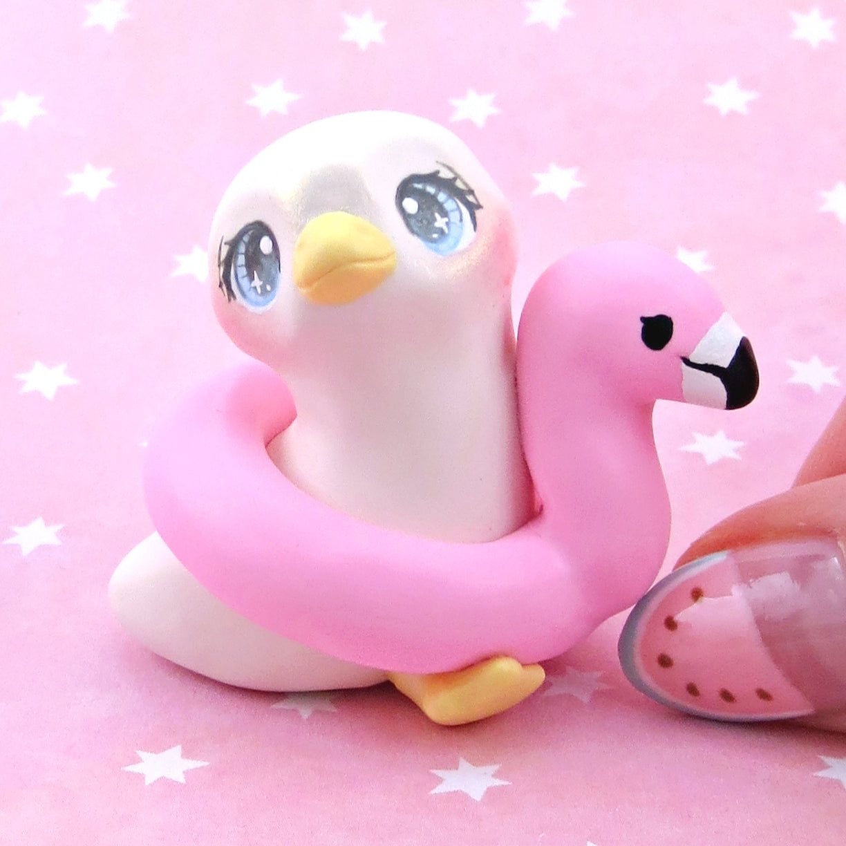 Goose with a Flamingo Floatie Figurine - Polymer Clay Animals Pool Party Collection