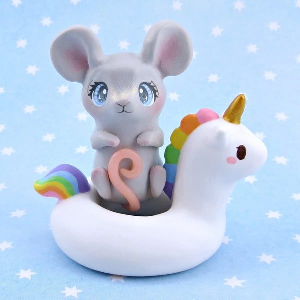 Mouse in a Unicorn Floatie Figurine - Polymer Clay Animals Pool Party Collection
