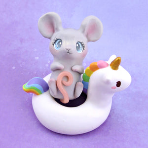Mouse in a Unicorn Floatie Figurine - Polymer Clay Animals Pool Party Collection