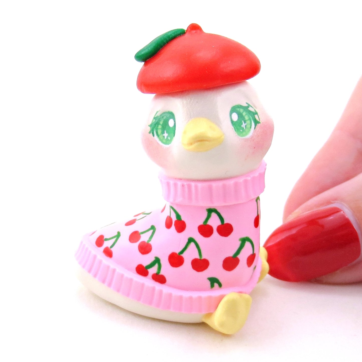 Goose in a Cherry Sweater and Beret Figurine - Polymer Clay Spring Collection