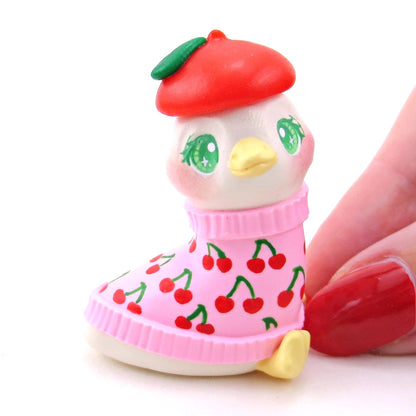 Goose in a Cherry Sweater and Beret Figurine - Polymer Clay Spring Collection