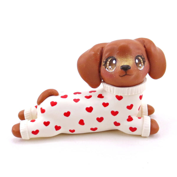 Red Dachshund Puppy Dog in Heart Jammies Figurine - Polymer Clay Valentine Collection