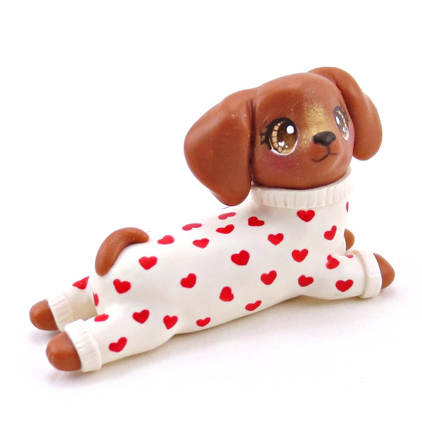 Red Dachshund Puppy Dog in Heart Jammies Figurine - Polymer Clay Valentine Collection