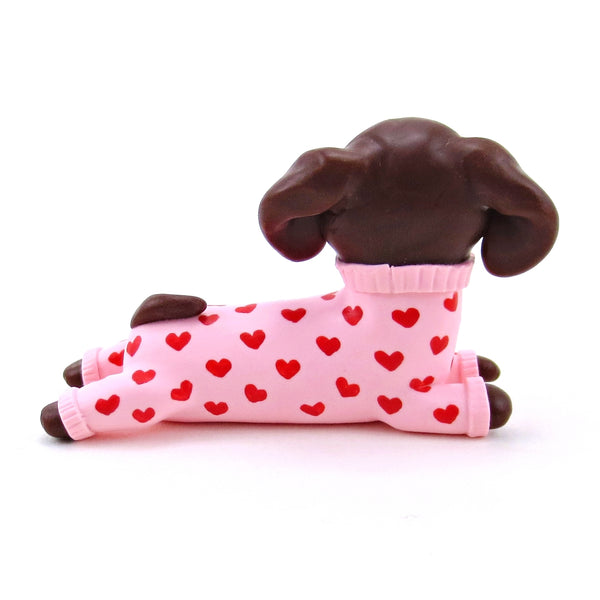 Brown and Tan Dachshund Puppy Dog in Heart Jammies Figurine - Polymer Clay Valentine Collection