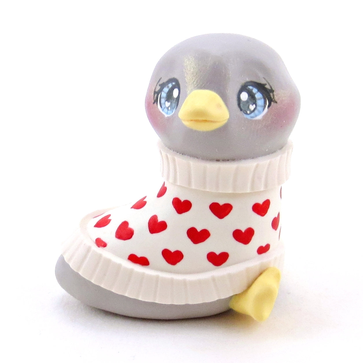 Grey Goose in a Heart Sweater Figurine - Polymer Clay Valentine Collection