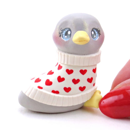 Grey Goose in a Heart Sweater Figurine - Polymer Clay Valentine Collection