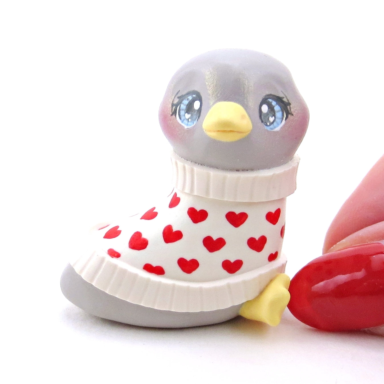 Grey Goose in a Heart Sweater Figurine - Polymer Clay Valentine Collection