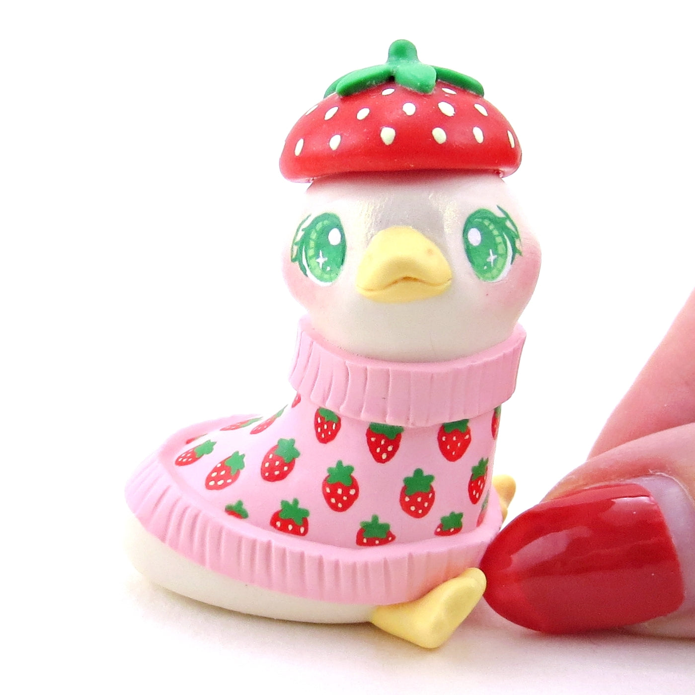 Goose in a Strawberry Sweater and Beret Figurine - Polymer Clay Winter Collection