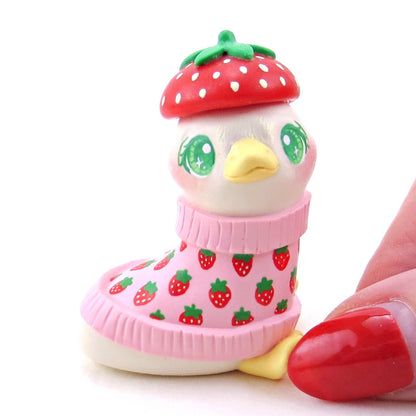 Goose in a Strawberry Sweater and Beret Figurine - Polymer Clay Winter Collection