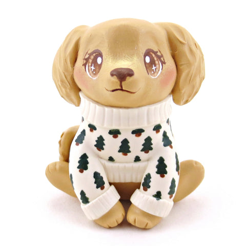 Pine Tree Cozy Sweater Golden Retriever Puppy Dog Figurine - Polymer Clay Winter Collection
