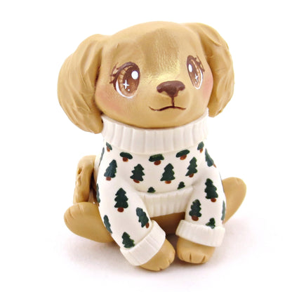 Pine Tree Cozy Sweater Golden Retriever Puppy Dog Figurine - Polymer Clay Winter Collection