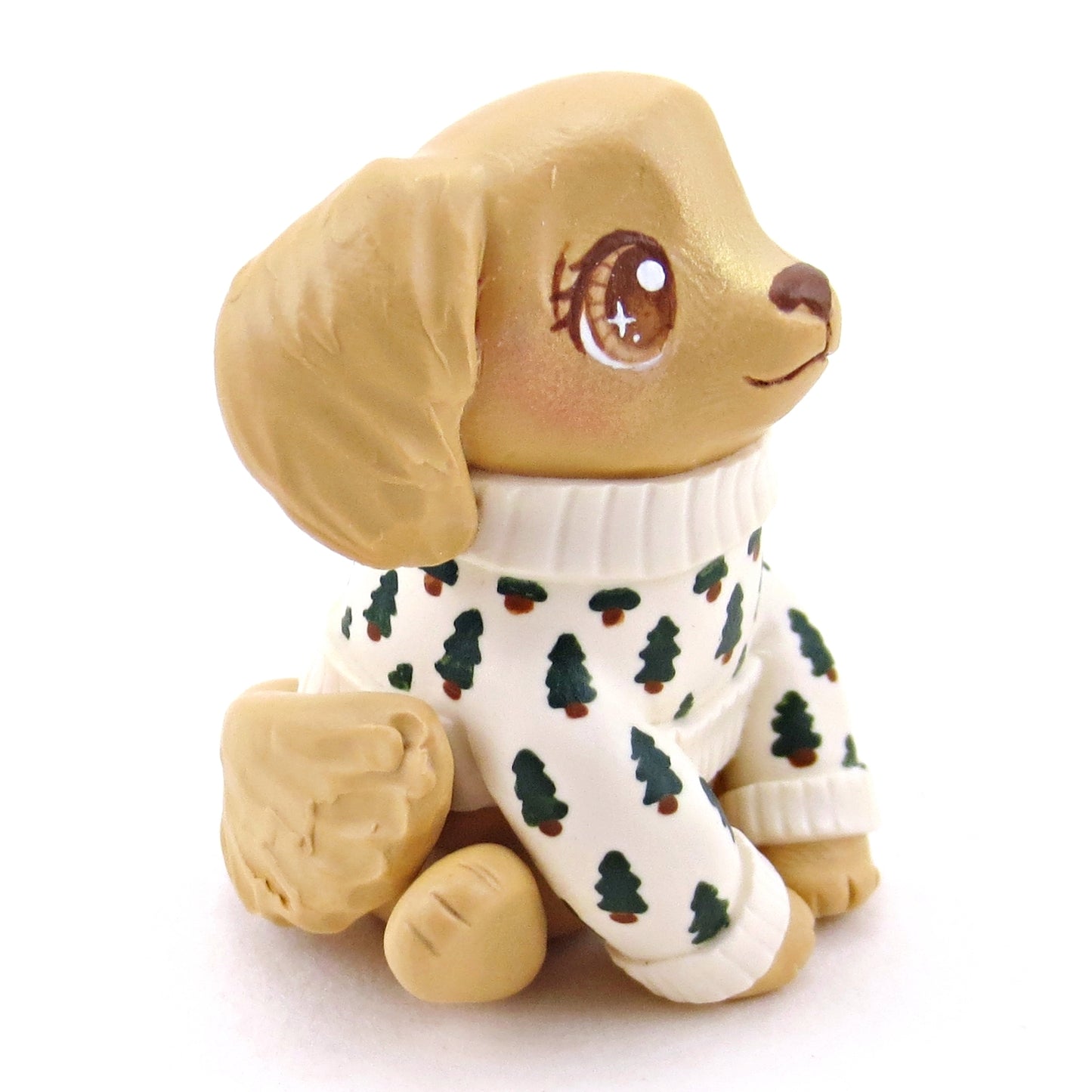 Pine Tree Cozy Sweater Golden Retriever Puppy Dog Figurine - Polymer Clay Winter Collection