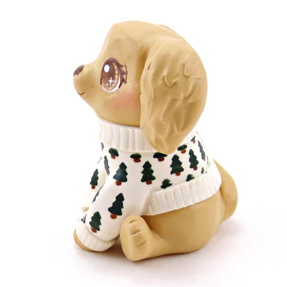 Pine Tree Cozy Sweater Golden Retriever Puppy Dog Figurine - Polymer Clay Winter Collection