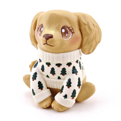 Pine Tree Cozy Sweater Golden Retriever Puppy Dog Figurine - Polymer Clay Winter Collection