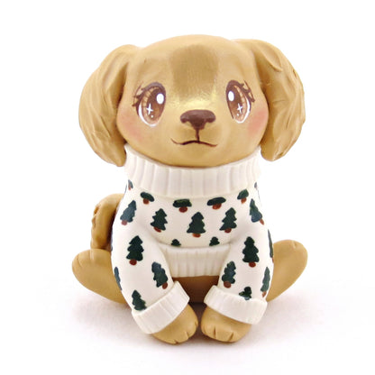 Pine Tree Cozy Sweater Golden Retriever Puppy Dog Figurine - Polymer Clay Winter Collection