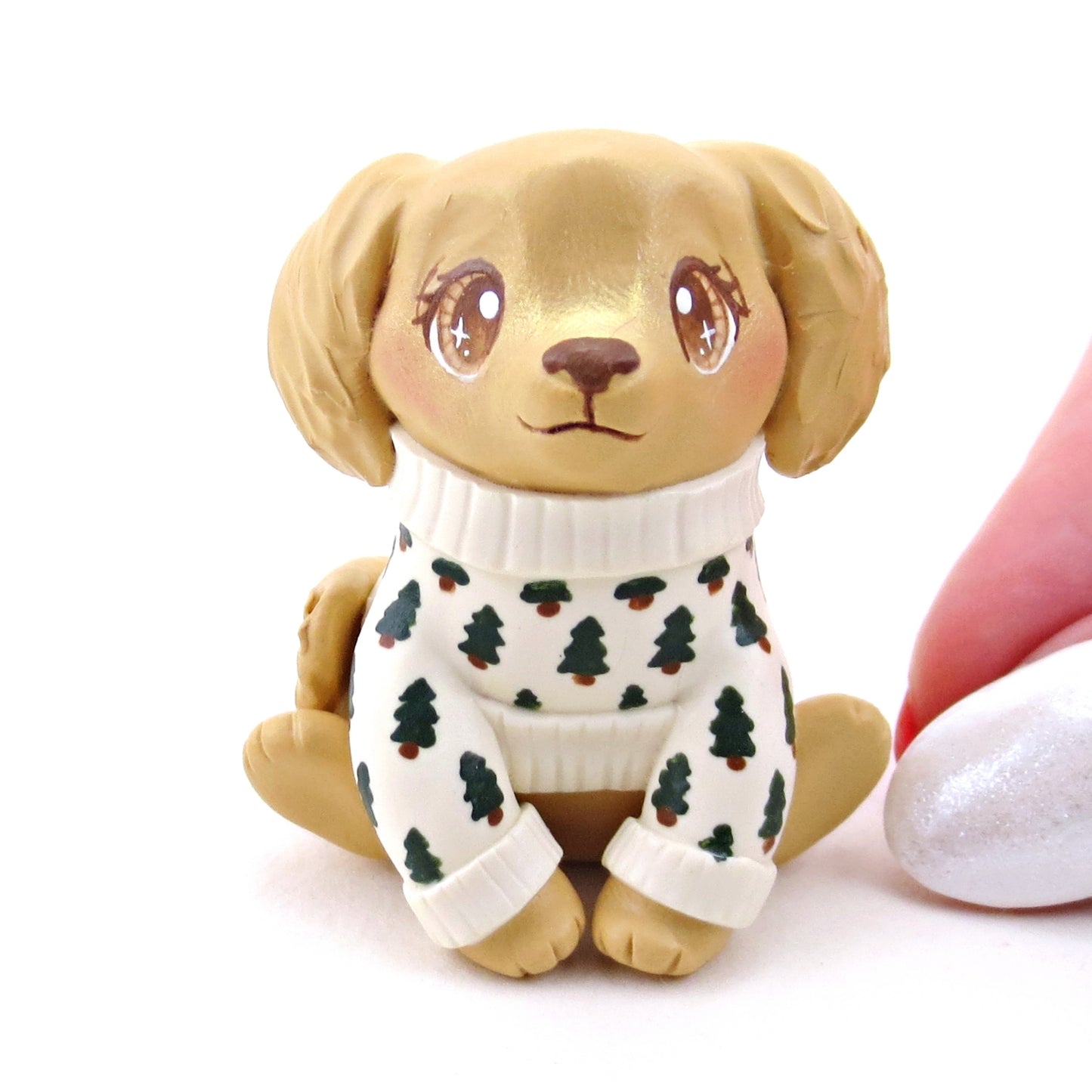 Pine Tree Cozy Sweater Golden Retriever Puppy Dog Figurine - Polymer Clay Winter Collection