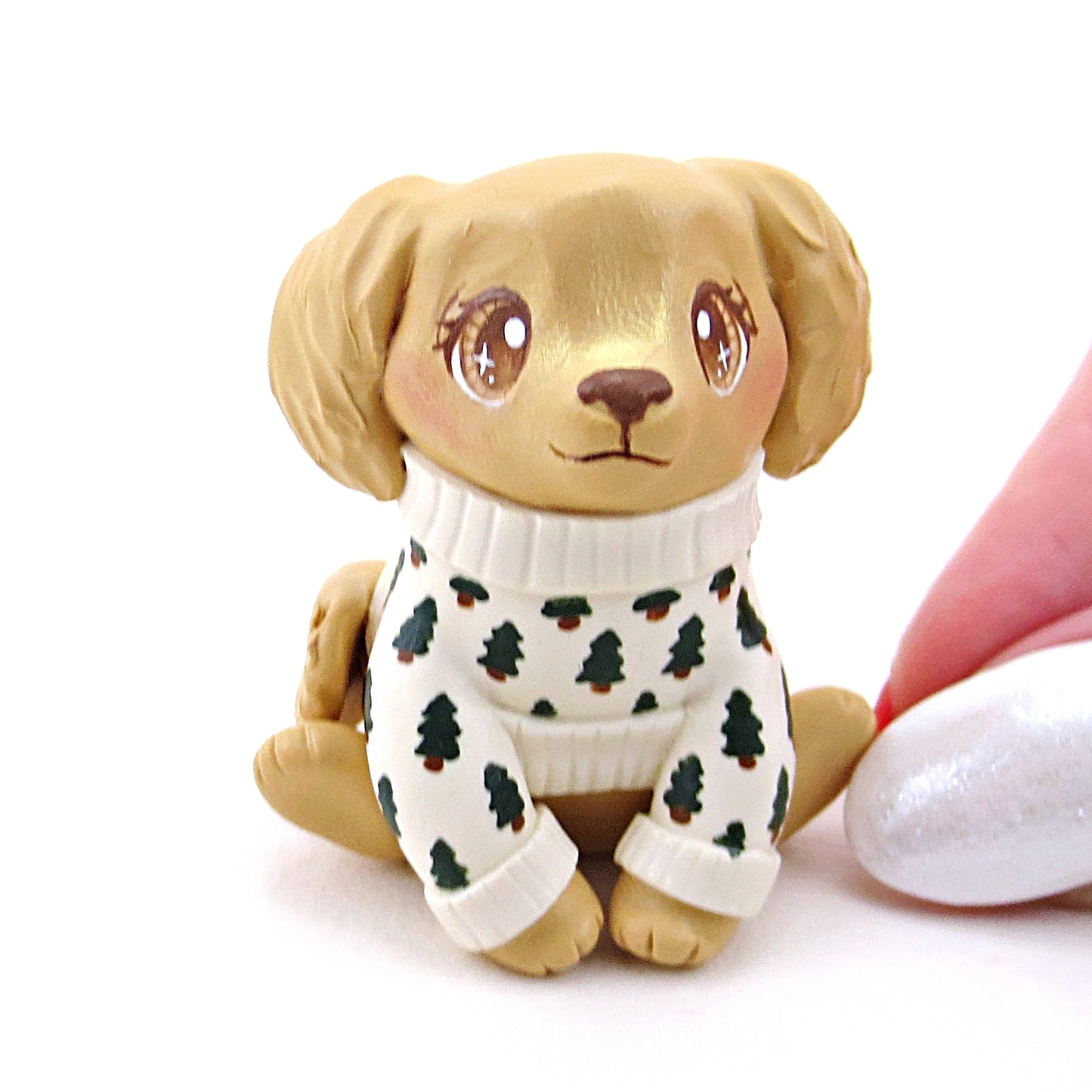 Pine Tree Cozy Sweater Golden Retriever Puppy Dog Figurine - Polymer Clay Winter Collection