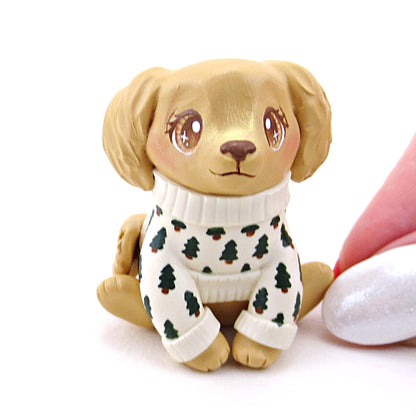 Pine Tree Cozy Sweater Golden Retriever Puppy Dog Figurine - Polymer Clay Winter Collection