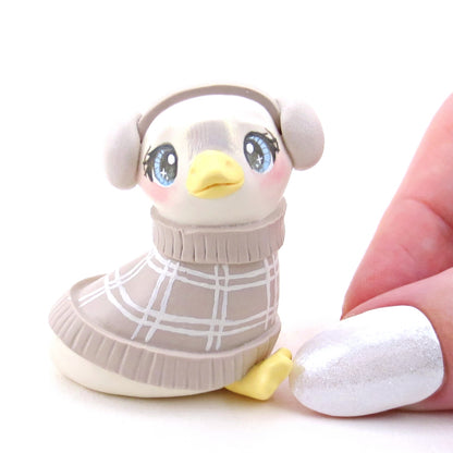 Goose in Earmuffs and Cozy Sweater Figurine - Polymer Clay Winter Collection