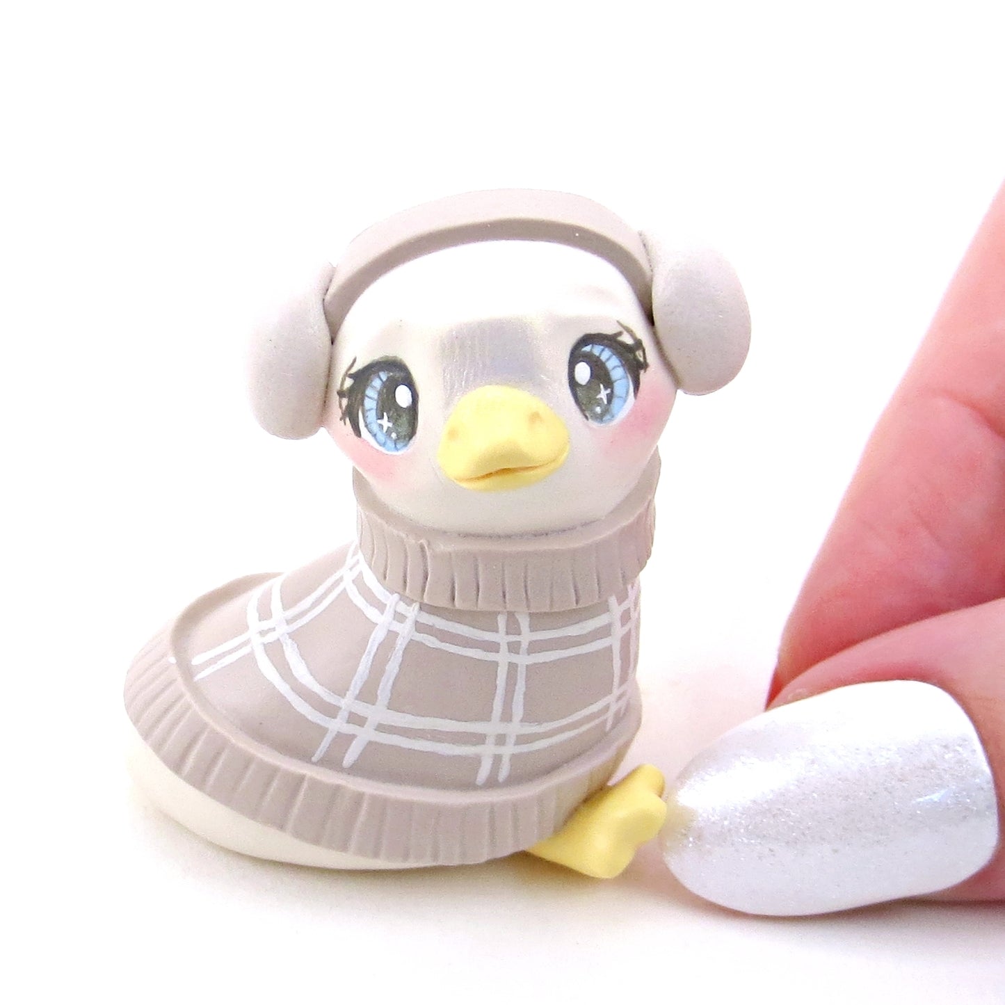 Goose in Earmuffs and Cozy Sweater Figurine - Polymer Clay Winter Collection