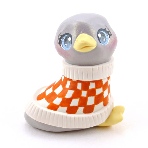 Grey Goose in a Cozy Checkered Sweater Figurine - Polymer Clay Winter Collection