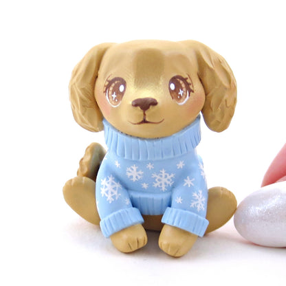 Snowflake Sweater Golden Retriever Puppy Dog Figurine - Polymer Clay Winter Collection