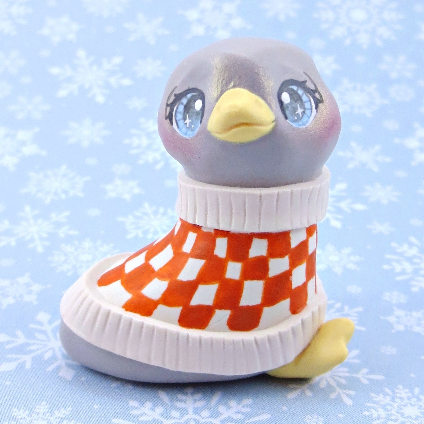 Grey Goose in a Cozy Checkered Sweater Figurine - Polymer Clay Winter Collection