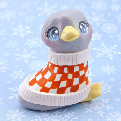 Grey Goose in a Cozy Checkered Sweater Figurine - Polymer Clay Winter Collection