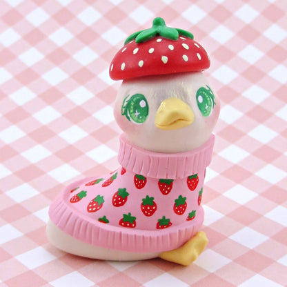 Goose in a Strawberry Sweater and Beret Figurine - Polymer Clay Winter Collection