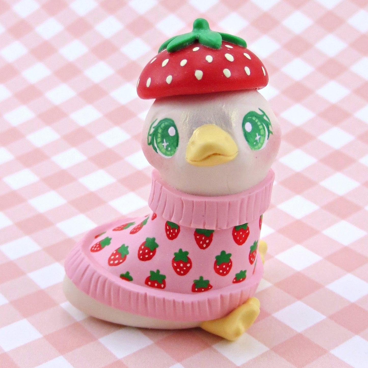 Goose in a Strawberry Sweater and Beret Figurine - Polymer Clay Winter Collection