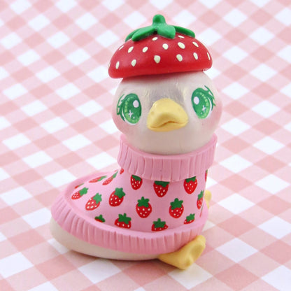 Goose in a Strawberry Sweater and Beret Figurine - Polymer Clay Winter Collection