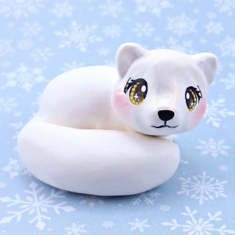 Curled-Up Arctic Fox Figurine - Polymer Clay Winter Collection