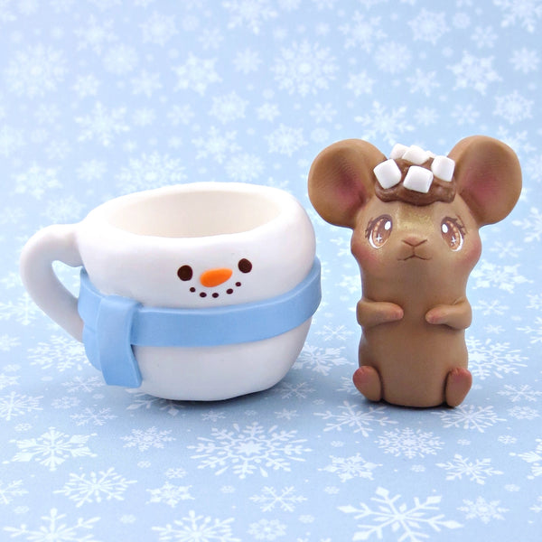 Hot Cocoa Mouse in a Snowman Mug Figurine - Polymer Clay Winter Collection