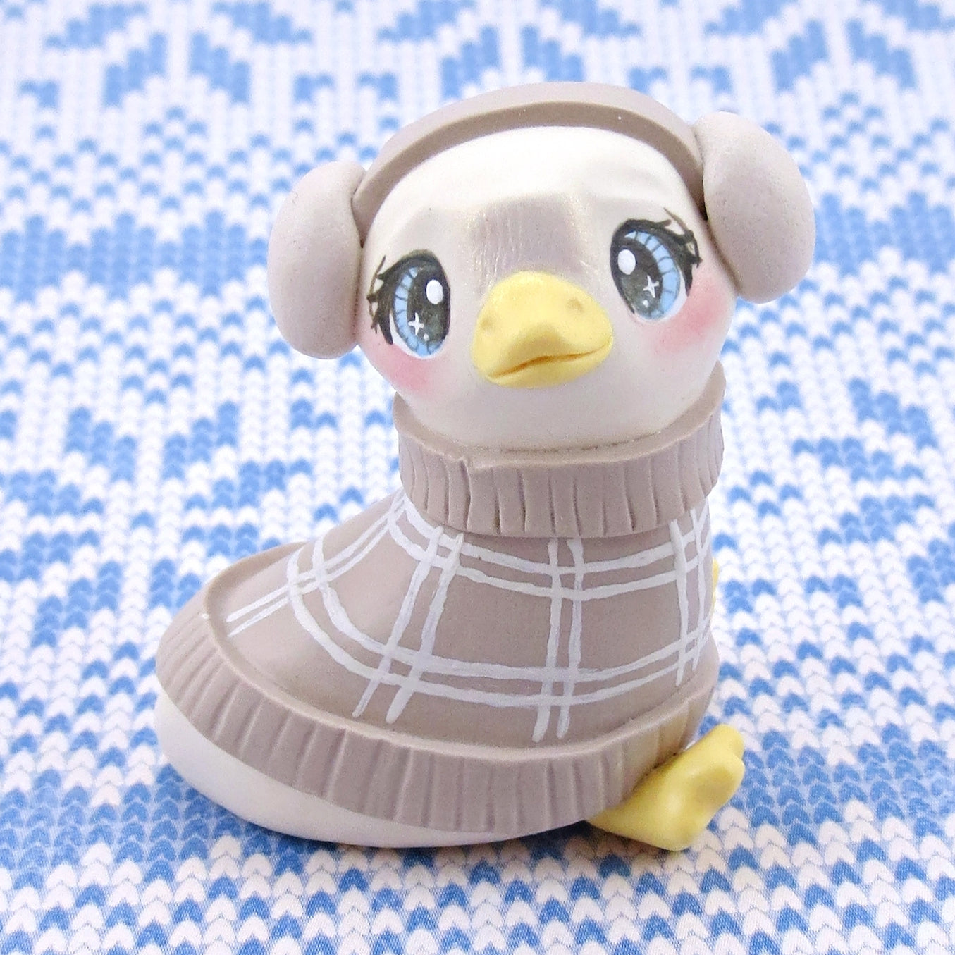 Goose in Earmuffs and Cozy Sweater Figurine - Polymer Clay Winter Collection