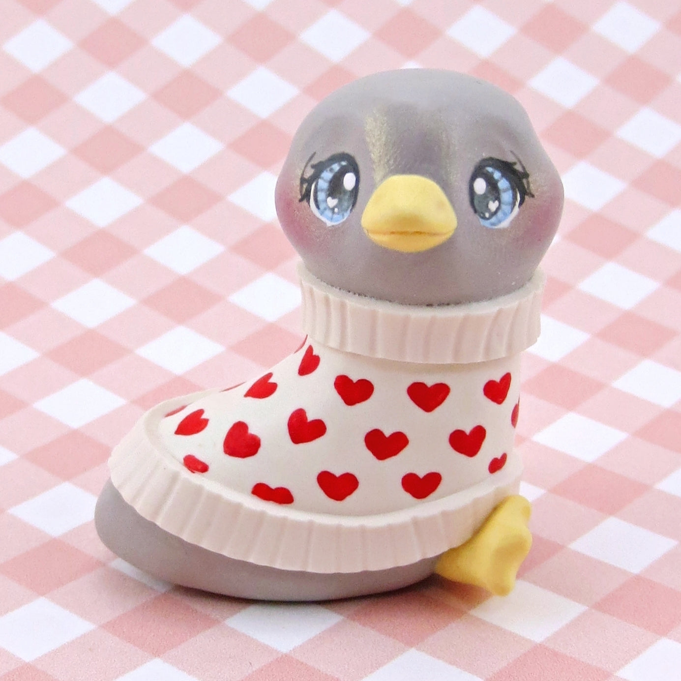 Grey Goose in a Heart Sweater Figurine - Polymer Clay Valentine Collection