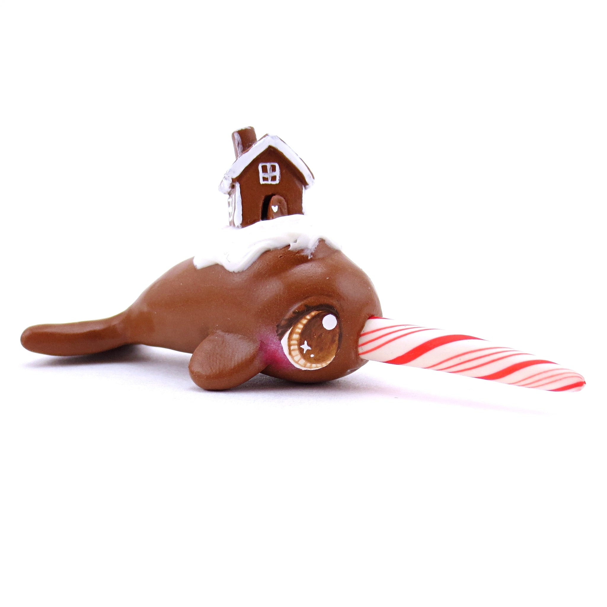 Gingerbread House Narwhal Figurine - Polymer Clay Christmas Animals