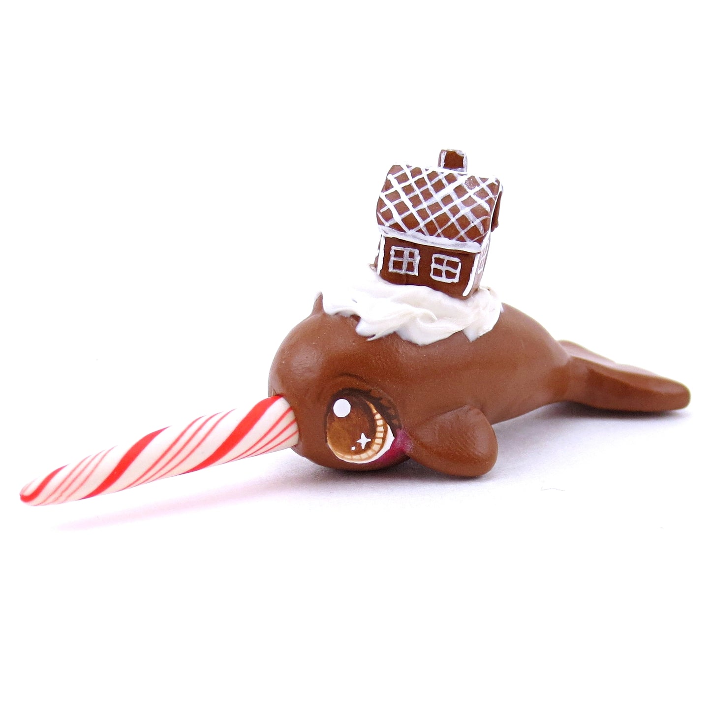 Gingerbread House Narwhal Figurine - Polymer Clay Christmas Animals