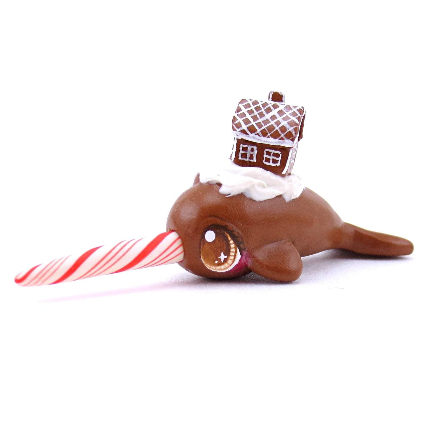 Gingerbread House Narwhal Figurine - Polymer Clay Christmas Animals