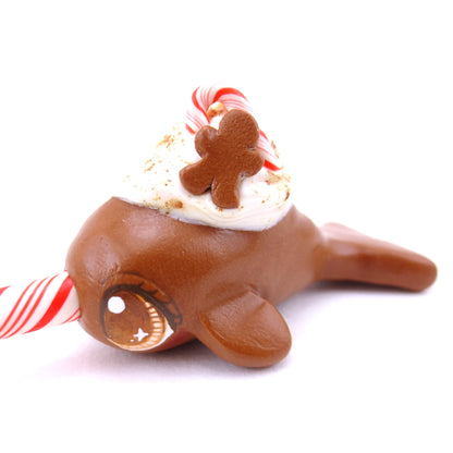 Gingerbread Latte Narwhal Figurine - Polymer Clay Christmas Animals