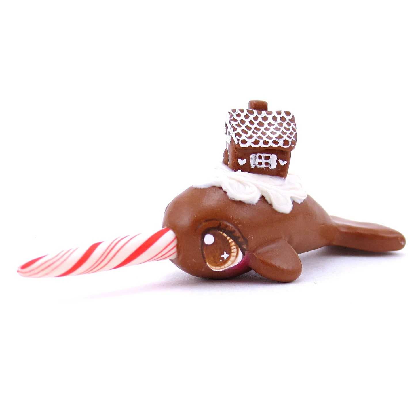 Gingerbread House Narwhal Figurine - Polymer Clay Christmas Animals