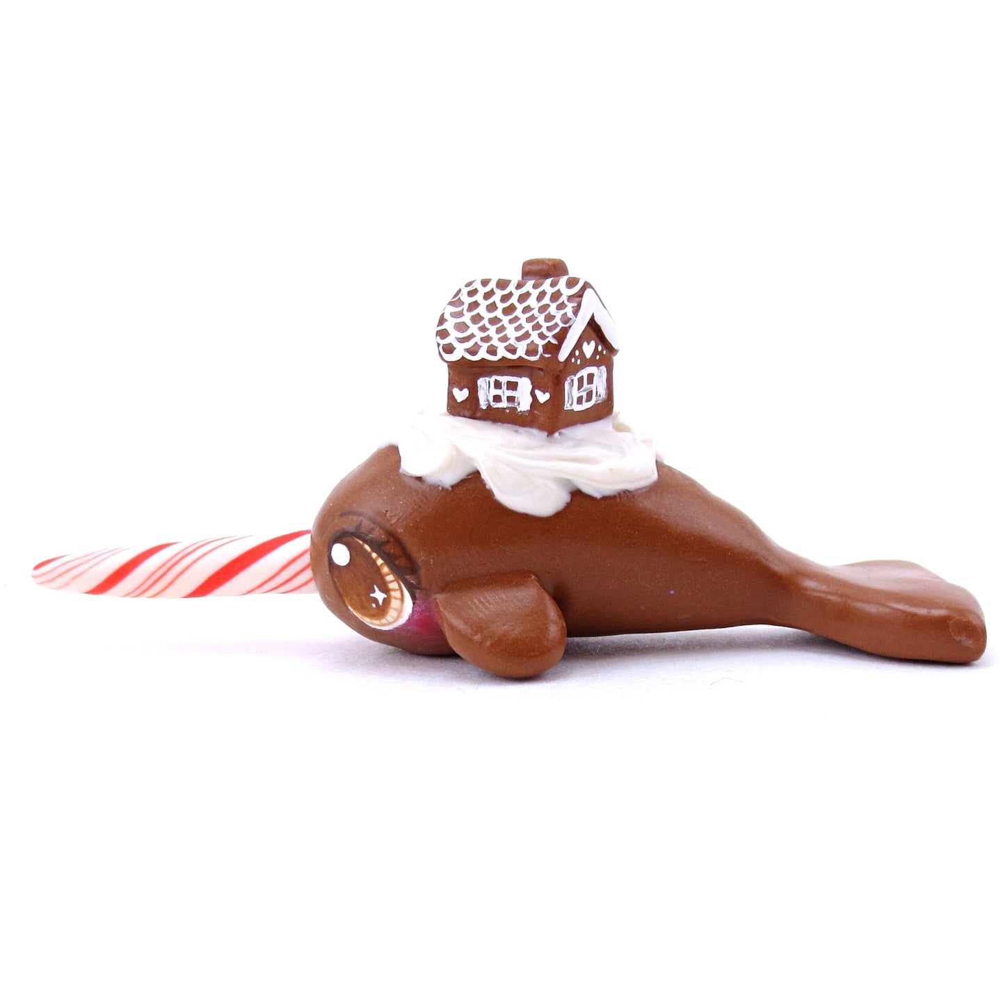 Gingerbread House Narwhal Figurine - Polymer Clay Christmas Animals