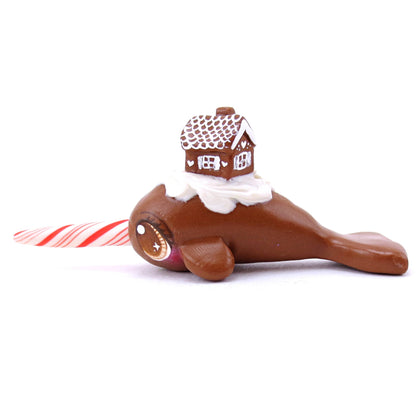 Gingerbread House Narwhal Figurine - Polymer Clay Christmas Animals